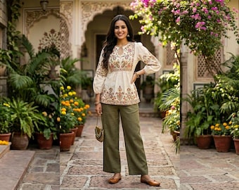 Hand-Embroidered Floral Peplum Top | Bohemian Cotton  Blouse