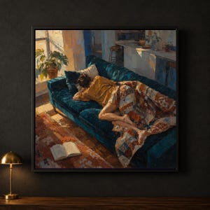 Mujer dormida en sofá verde azulado, póster digital