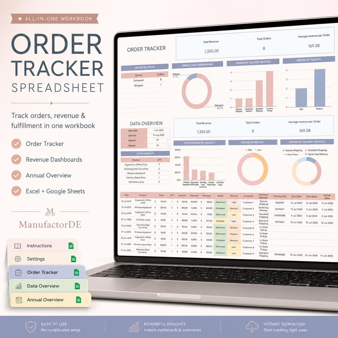 Order Tracker Spreadsheet Template, Small Business Order Log, Sales ...