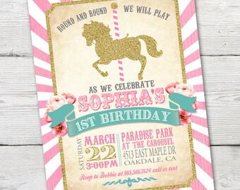 Carousel Birthday Invitation, Carousel First Birthday, Carousel Birthday Party,  Carousel Invitation, Merry Go Round, PRINTABLE  ID:BD125925