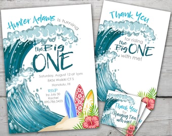 May include: A blue and white invitation with a wave graphic and the text "Hunter Adams is turning the Big ONE". The invitation includes details for a party on August 12th at 1 pm. There are three surfboards and a red hibiscus flower on the bottom of the invitation.