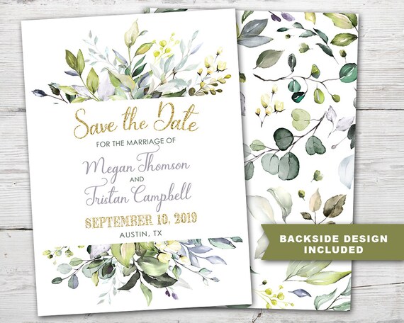 Greenery Save the Date, Wedding Boho Save the Date with Greenery PRINTABLE, Botanical Save the Date, Save the Date Cards with backside Il_570xn