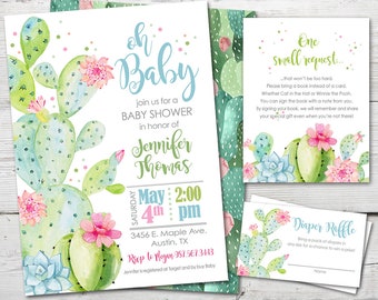 May include: A baby shower invitation with a cactus theme. The invitation is decorated with watercolor illustrations of cacti and flowers. The text on the invitation reads "Oh Baby!" and includes the date, time, and location of the shower. The invitation also includes a request for guests to bring a book instead of a card.