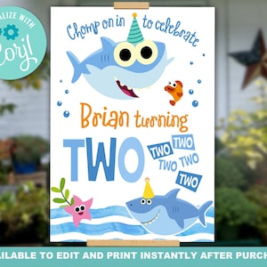Little Shark Two Two Two Party Poster PRINTABLE Digital File for a Little Shark Birthday Theme, Instantly Editable with Corjl