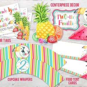 May include: Printable party decorations for a tropical fruit themed second birthday party. The set includes cupcake wrappers, favor tags, food tent cards, and a centerpiece with a toucan and watermelon.