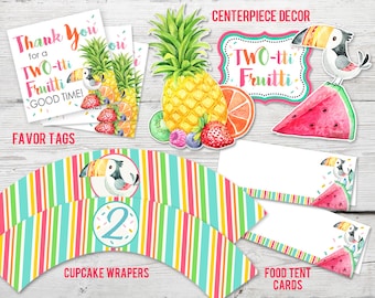 May include: Printable party decorations for a tropical fruit themed second birthday party. The set includes cupcake wrappers, favor tags, food tent cards, and a centerpiece with a toucan and watermelon.