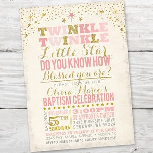 May include: A baptism celebration invitation with the text "Twinkle Twinkle Little Star" in pink and gold glitter. The invitation includes the name Olivia Marie, date, time, and location details.