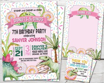 May include: Pink and green birthday party invitation with a dinosaur and donuts. The invitation says "STOMP and CHOMP on OVER for a DONUTS & DINOS 7TH BIRTHDAY PARTY celebrating SAWYER JOHNSON SEPT 21 3 PM SAWYER'S HOUSE 4568 MAPLE AVE SPOKANE, WA 99208 RSVP TO MAMASAURUS TAMMY 890.566.7843 TEXT/CALL".