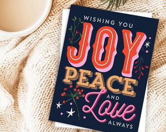 Pack of 10  Modern Playful Christmas Holiday Cards, Joy, Peace and Love Holiday Greeting Card with Envelopes | Minimalist Christmas