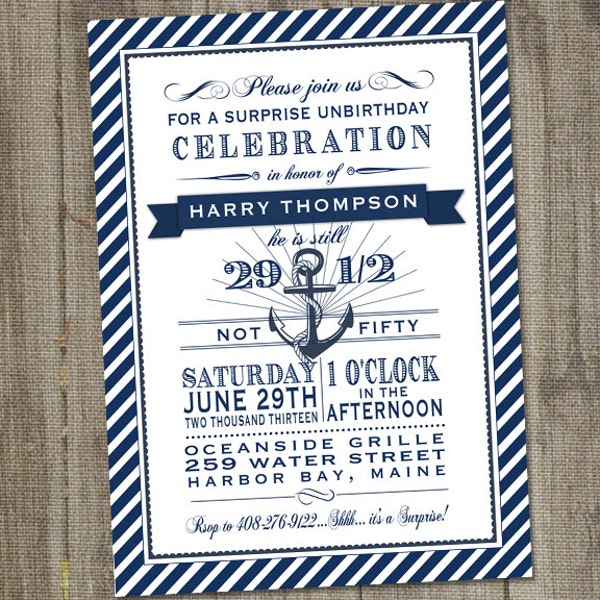 Nautical Birthday Invitation, Navy and White Nautical Surprise Birthday Invitation, PRINTABLE, Nautical Invitation, Anchor Birthday Invite