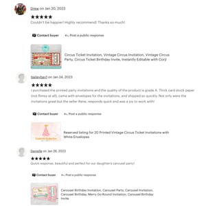 May include: A set of five customer reviews for a printable vintage circus ticket invitation. The reviews are positive and highlight the quality of the product, the quick shipping, and the seller's responsiveness. The image also shows a preview of the invitation, which features a colorful circus theme.