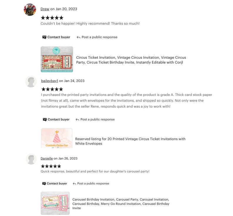 May include: A set of five customer reviews for a printable vintage circus ticket invitation. The reviews are positive and highlight the quality of the product, the quick shipping, and the seller's responsiveness. The image also shows a preview of the invitation, which features a colorful circus theme.