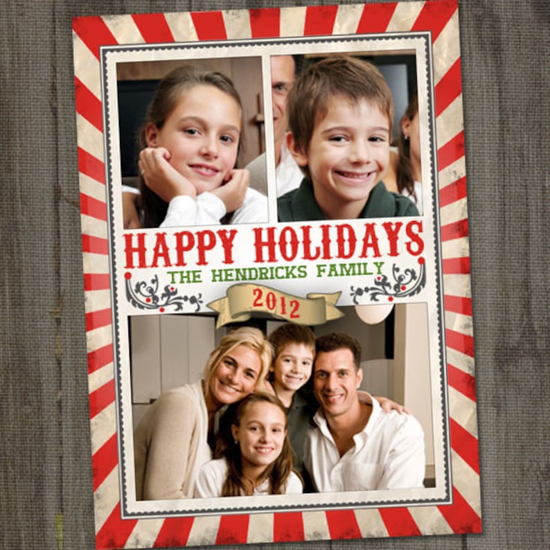 Puede incluir: Una tarjeta de Navidad a rayas rojas y blancas con un collage de fotos de una familia. La tarjeta dice "Felices Fiestas, La Familia Hendricks 2012".