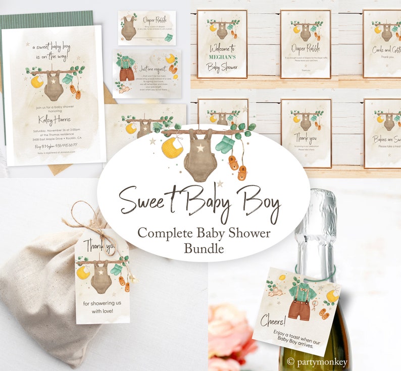 Boy Baby Shower Invitation Bundle Set DIY PRINTABLE, Boho Baby Shower Bundle, Baby Clothes Shower Mega Bundle Invitation Set, Shower Games image 1