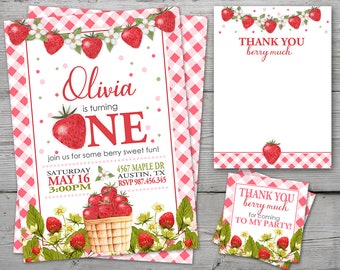 Strawberry First Birthday Invitation, Strawberry 1st Birthday Invitation, Strawberry Birthday Invitation, Strawberry Birthday Invite DIGITAL