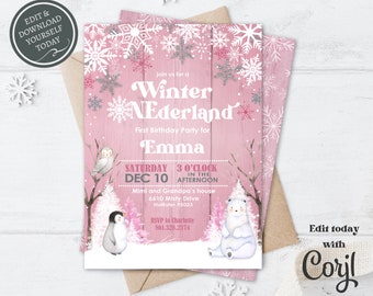 Editable Winter Onederland Invitation Girl 1st Birthday Invitation, Winter Wonderland Birthday Invitation First Birthday Snowflake Invite