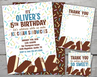 Puede incluir: Una invitación imprimible para una fiesta de cumpleaños número 5 con el tema de sándwiches de helado. La invitación presenta un fondo colorido con chispas y sándwiches de helado. El texto en la invitación dice: "Es el 5to cumpleaños de Oliver. Celebremos mientras hacemos sándwiches de helado. 11 de enero de 2019, de 2:00 PM a 4:00 PM, en la casa Thompson, 3245 Maple Ave, Austin, TX. RSVP a Jenn 218-871-0345."