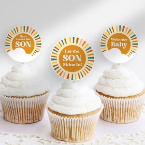 Editable Here Comes the Son Cupcake Toppers or Favor Tags, Here Comes the Son Party Favors, Sunshine Party Decorations