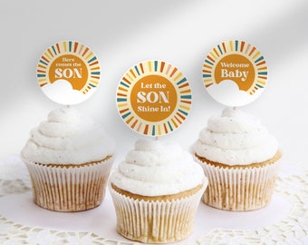 Editable Here Comes the Son Cupcake Toppers or Favor Tags, Here Comes the Son Party Favors, Sunshine Party Decorations