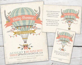 May include: A set of baby shower invitations and inserts with a vintage design. The main invitation features a hot air balloon with floral accents and the text "Baby Shower." Additional cards include a request for a book and a diaper raffle.