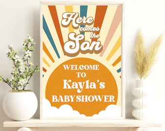 Editable Here Comes the Son Party Poster, Boho Sunshine Welcome Sign, Bohemian Shower, Boho Baby Shower, Here Comes the Sun Party Sign