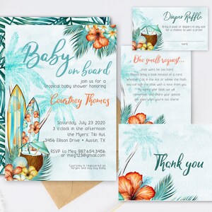 Puede incluir: Juego de invitaciones para baby shower con tem&aacute;tica tropical y dise&ntilde;o de acuarela. La invitaci&oacute;n presenta el texto "Baby on Board" y los detalles del evento. Incluye una tarjeta de rifa de pa&ntilde;ales, una tarjeta de solicitud y una tarjeta de agradecimiento.