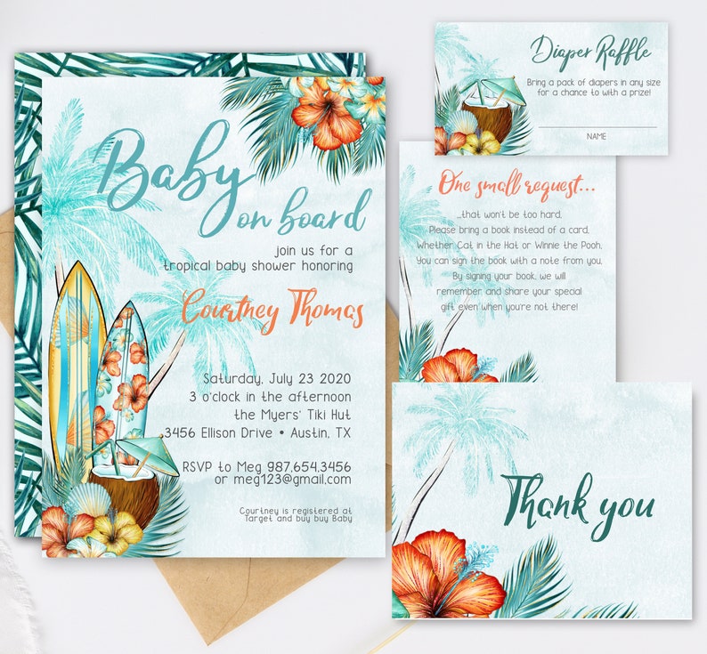 Puede incluir: Juego de invitaciones para baby shower con tem&aacute;tica tropical y dise&ntilde;o de acuarela. La invitaci&oacute;n presenta el texto "Baby on Board" y los detalles del evento. Incluye una tarjeta de rifa de pa&ntilde;ales, una tarjeta de solicitud y una tarjeta de agradecimiento.
