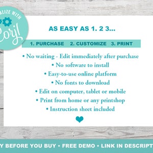 Puede incluir: Un fondo blanco con texto que dice "PERSONALIZE WITH Corjl!" y "TAN F&Aacute;CIL COMO 1. 2 3..." seguido de instrucciones: Comprar, Personalizar, Imprimir. Texto adicional incluye "Sin espera - Editar inmediatamente despu&eacute;s de la compra" y "PRUEBA ANTES DE COMPRAR &bull; DEMO GRATUITA &bull; ENLACE EN LA DESCRIPCI&Oacute;N."