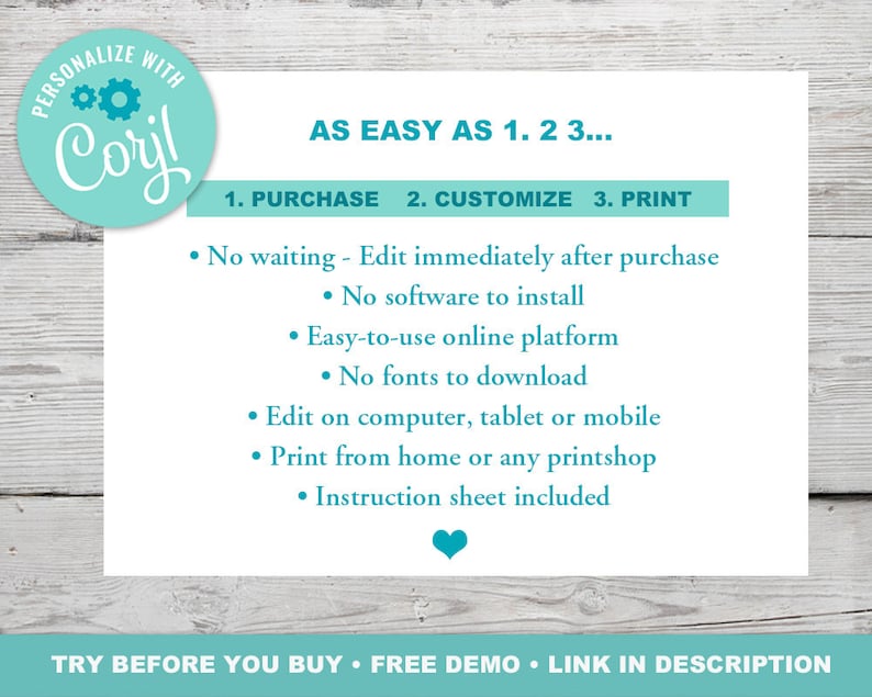 Puede incluir: Un fondo blanco con texto que dice "PERSONALIZE WITH Corjl!" y "TAN F&Aacute;CIL COMO 1. 2 3..." seguido de instrucciones: Comprar, Personalizar, Imprimir. Texto adicional incluye "Sin espera - Editar inmediatamente despu&eacute;s de la compra" y "PRUEBA ANTES DE COMPRAR &bull; DEMO GRATUITA &bull; ENLACE EN LA DESCRIPCI&Oacute;N."