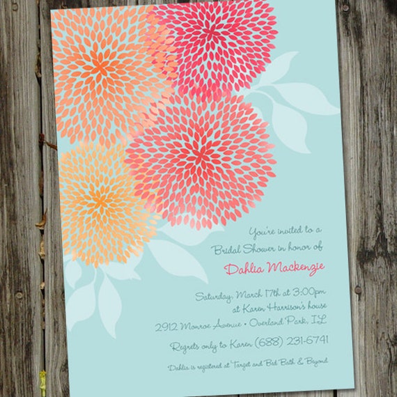 Floral Bridal Shower Invitation, Turquoise, PRINTABLE, Blue and Coral Bridal Shower Invitations, Dahlia Bridal Shower Invitations Il_570xn