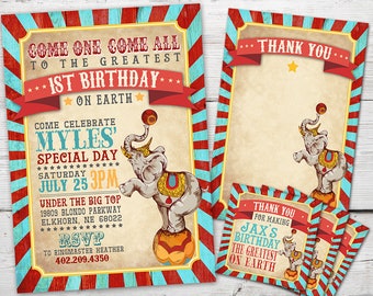 Circus Invitation Set for a Circus Birthday Party or Carnival Invitation theme with Circus Thank you card and Circus Favor Tag Options.