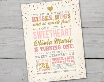 Little Sweetheart First Birthday Invitation, PRINTABLE Valentine First Birthday Invitations, Pink Hearts Birthday Invitation