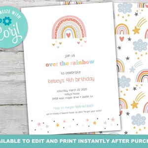 Modern Rainbow Birthday Invitation Set for a Pastel Boho Rainbow Birthday Theme, Instantly Editable with Corjl image 1