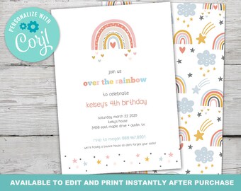 Modern Rainbow Birthday Invitation Set for a Pastel Boho Rainbow Birthday Theme, Instantly Editable with Corjl
