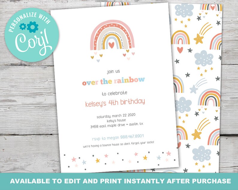 Modern Rainbow Birthday Invitation Set for a Pastel Boho Rainbow Birthday Theme, Instantly Editable with Corjl image 1