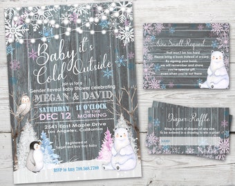 Baby Its Cold Outside Gender Reveal Baby Shower Invitation PRINTABLE Winter Gender Reveal Invitation, Snowflake Gender Reveal Invitation Set