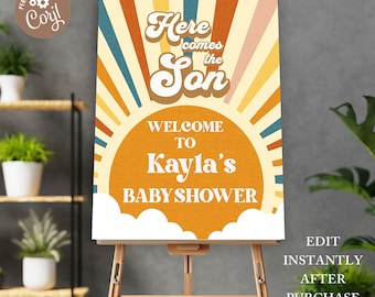 Editable Here Comes the Son Party Poster, Boho Sunshine Welcome Sign, Bohemian Shower, Boho Baby Shower, Here Comes the Sun Party Sign