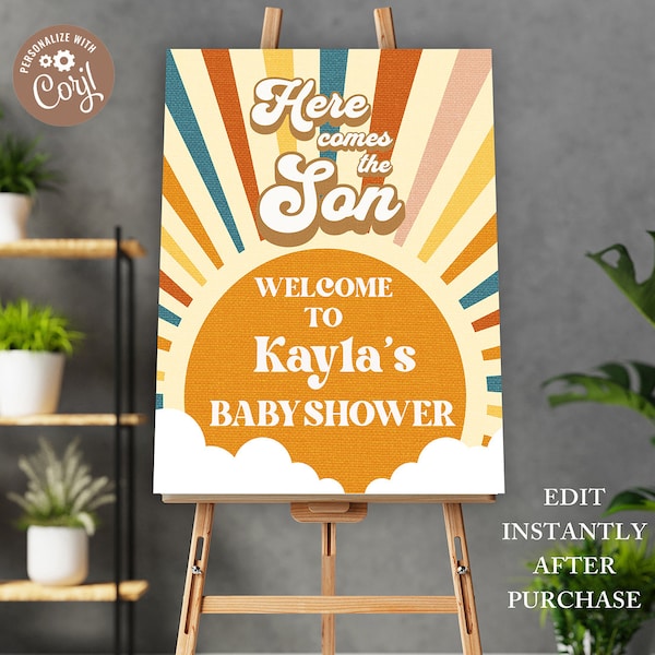 Bewerkbare hier komt de zoon partij poster, Boho Sunshine welkom teken, Boho douche, Boho baby shower, hier komt het zon partij teken
