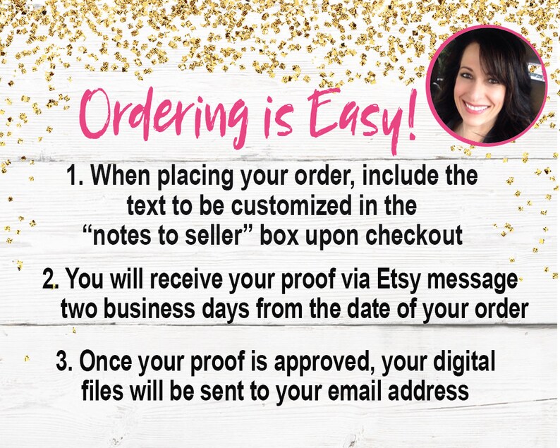 Peut inclure: Image avec le texte "Ordering is Easy!" et des instructions pour passer une commande, y compris les d&eacute;tails de personnalisation dans la case "notes to seller". Les &eacute;preuves sont envoy&eacute;es via message Etsy sous deux jours ouvrables.