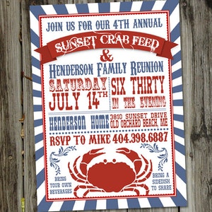 May include: A red, white, and blue invitation for a Sunset Crab Feed and Henderson Family Reunion. The invitation features a red crab illustration and the text "JOIN US FOR OUR 4TH ANNUAL SUNSET CRAB FEED & HENDERSON FAMILY REUNION SATURDAY SIX THIRTY JULY 14TH IN THE EVENING 3810 SUNSET DRIVE HENDERSON HOME OLD ORCHARD BEACH, ME RSVP TO MIKE 404.398.6887 BRING YOUR OWN BEVERAGES BRING A SIDEDISH TO SHARE".