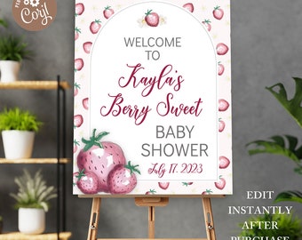 Editable Strawberry Baby Shower Decorations, Berry Sweet Baby on the Way Shower Party Poster, Berry Sweet Party Decor, Strawberry Party Sign