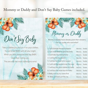 Puede incluir: Dos tarjetas de juego para baby shower con tem&aacute;tica tropical. Una tarjeta dice "Don't Say Baby" y la otra "Mommy or Daddy". Ambas tarjetas tienen un fondo de acuarela con flores de hibisco y hojas de palma.