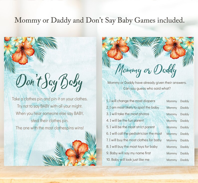 Puede incluir: Dos tarjetas de juego para baby shower con tem&aacute;tica tropical. Una tarjeta dice "Don't Say Baby" y la otra "Mommy or Daddy". Ambas tarjetas tienen un fondo de acuarela con flores de hibisco y hojas de palma.