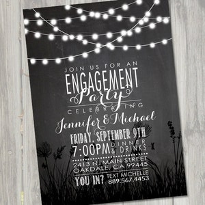 May include: Black chalkboard-style engagement party invitation with white text and string lights. The invitation includes the names Jennifer & Michael, date, time, and location. Silhouettes of grass and flowers are at the bottom.
