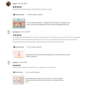 May include: Customer reviews for circus-themed invitations. One review mentions a "Circus Ticket Invitation" and another mentions a "Carousel Birthday Invitation." The reviews highlight the quality and quick shipping of the invitations.
