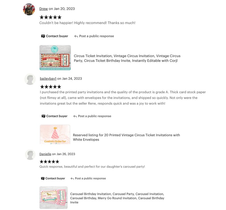 May include: Customer reviews for circus-themed invitations. One review mentions a "Circus Ticket Invitation" and another mentions a "Carousel Birthday Invitation." The reviews highlight the quality and quick shipping of the invitations.