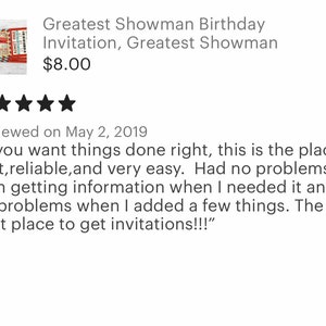 May include: A Greatest Showman birthday invitation with a vintage ticket design. The invitation features red, white, and blue colors and the text "Greatest Showman Birthday Invitation". The image also includes a customer review.