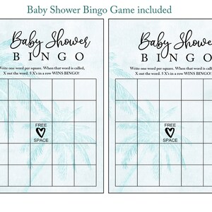 Puede incluir: Dos tarjetas de bingo para baby shower. Cada tarjeta tiene un fondo de acuarela azul claro con siluetas de palmeras. El texto "Baby Shower BINGO" est&aacute; en la parte superior. Las instrucciones est&aacute;n debajo del t&iacute;tulo, y una cuadr&iacute;cula con un espacio libre est&aacute; en el centro.