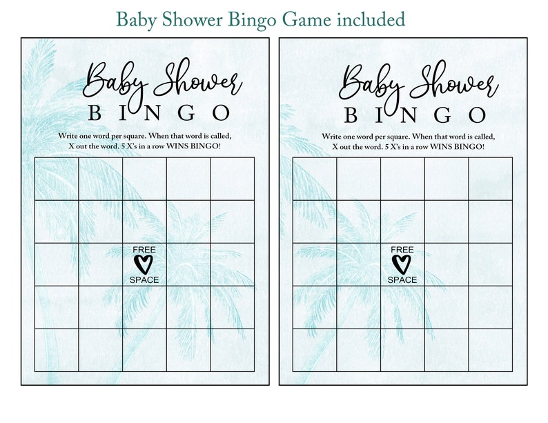 Puede incluir: Dos tarjetas de bingo para baby shower. Cada tarjeta tiene un fondo de acuarela azul claro con siluetas de palmeras. El texto "Baby Shower BINGO" est&aacute; en la parte superior. Las instrucciones est&aacute;n debajo del t&iacute;tulo, y una cuadr&iacute;cula con un espacio libre est&aacute; en el centro.