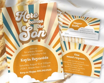 Hier komt de Son Baby Shower Uitnodiging Set, Sunshine Baby Shower Uitnodigen voor een Retro Boho Sunshine Baby Shower, Instant Download